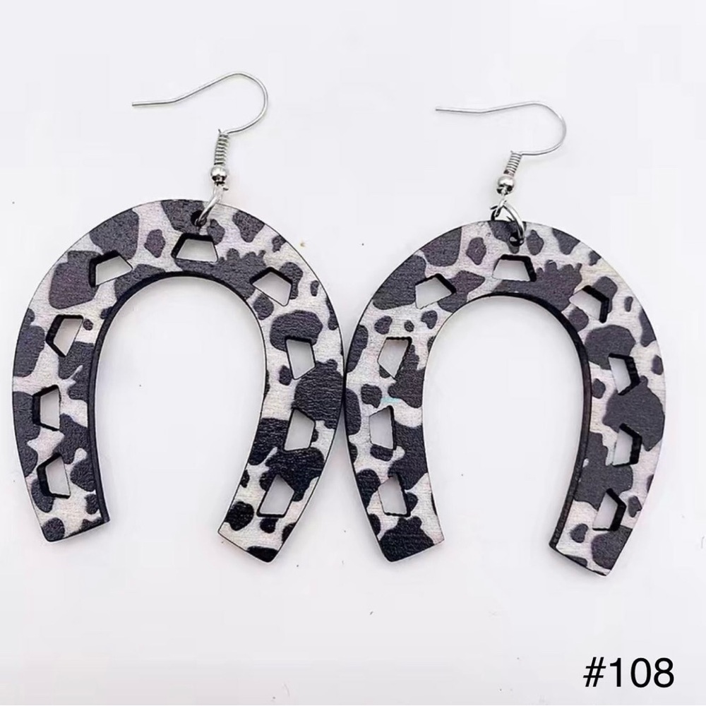 #108 | Wooden Cow Print Horseshoe Dangle Earrings